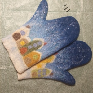 Nemez kesztyű párban házikós mintával - ruha & divat - sál, sapka, kendő - kesztyű - Meska.hu