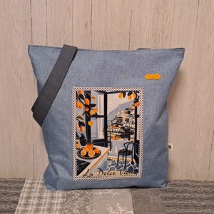 Kék és narancs hangulat :) szatyor, ökotáska, válltáska, Táska & Tok, Bevásárlás & Shopper táska, Shopper, textiltáska, szatyor, Varrás, Ez az egyszerű vonalú, 40X44 cm nagyságú, 8 cm talpszélességű  szatyor igazi nyári hangulatban kész..., MESKA
