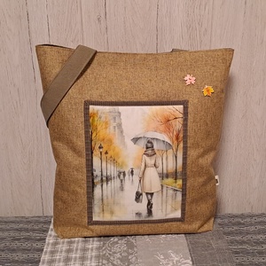 Esős hangulat :) szatyor, ökotáska, válltáska, Táska & Tok, Bevásárlás & Shopper táska, Shopper, textiltáska, szatyor, Varrás, Ez az egyszerű vonalú, 40X44 cm nagyságú, 8 cm talpszélességű  szatyor igazi őszies színekben készü..., MESKA