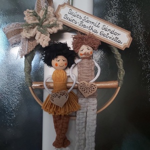 Ajtónévtábla makramé figurákkal, Otthon & Életmód, Dekoráció, Ajtó- és ablak dekoráció, Ajtótábla, Csomózás, Újrahasznosított alapanyagból készült termékek, MESKA