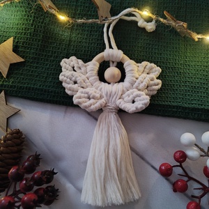 Makramé angyal , Karácsony, Karácsonyi lakásdekoráció, Karácsonyfadíszek, Csomózás, MESKA