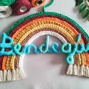 Makramé szivárvány  - baba - mama - babaszoba dekoráció - babanév dekoráció - Meska.hu