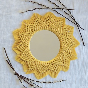 Makramé mandala, makramé koszorú, natúr makramé dekor tükörrel, Otthon & Életmód, Dekoráció, Fali és függő dekoráció, Falra akasztható dekor, Csomózás, MESKA