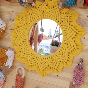 Makramé mandala, makramé koszorú, natúr makramé dekor tükörrel - otthon & életmód - dekoráció - fali és függő dekoráció - falra akasztható dekor - Meska.hu