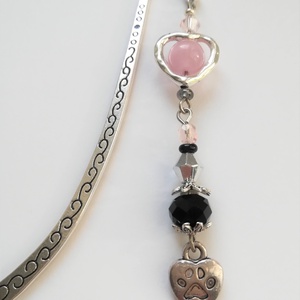 Kutyás ezüst színű könyvjelző, <3 my dog charm-mal, rózsaszín-fekete-ezüst gyöngyökkel - otthon & életmód - papír, írószer - Meska.hu