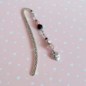 Kutyás ezüst színű könyvjelző, <3 my dog charm-mal, rózsaszín-fekete-ezüst gyöngyökkel - Meska.hu