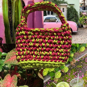 Pink and neon green picnic crochet bag - táska & tok - kézitáska & válltáska - alkalmi táska - Meska.hu