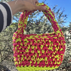 Pink and neon green picnic crochet bag - táska & tok - kézitáska & válltáska - alkalmi táska - Meska.hu