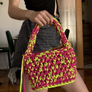 Pink and neon green picnic crochet bag - táska & tok - kézitáska & válltáska - alkalmi táska - Meska.hu