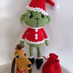 Amigurumi grinch és kutyája  - otthon & életmód - dekoráció - asztal és polc dekoráció - asztaldísz - Meska.hu