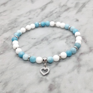 Larimar és Tridacna ásványkarkötő nemesacél köztessel - ékszer - karkötő - karkötő medállal - Meska.hu