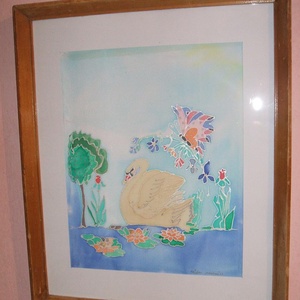 Hernyóselyem festmény. Hattyúk tava., Művészet, Festmény, Festmény vegyes technika, Festészet, MESKA