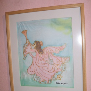 Hernyóselyem festmény. Trombitás tündér cimmel., Kellékek & szerszámok, Festészet, MESKA