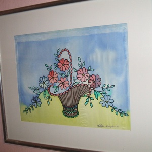 Hernyóselyem festmény. Csendélet, virágkosár cimmel., Művészet, Festmény, Festmény vegyes technika, Festészet, MESKA