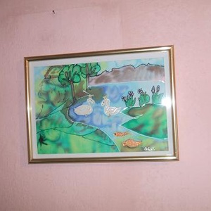 Hernyőselyem festmény. Hattyúpár cimmel., Kellékek & szerszámok, Festészet, MESKA