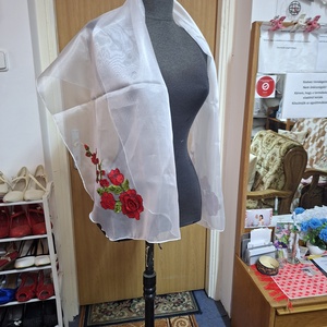 Kalocsai himzett stóla, fehér, organza anyagból. - ruha & divat - sál, sapka, kendő - stóla - Meska.hu