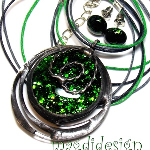 Szikrázó zöld bolygó üvegékszer szett, nyaklánc, fülbevaló, Ékszer, Ékszerszett, Ékszerkészítés, Üvegművészet, MESKA