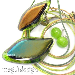 Aranyló zöld levél üvegékszer szett, nyaklánc, gyűrű -  - Meska.hu