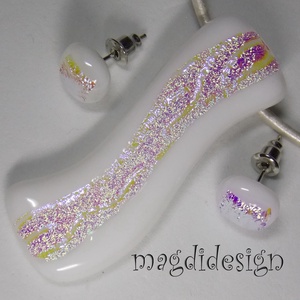 Akció!! Fehér-arany dichroic hullámzás üvegékszer szett nyaklánc, stiftes fülbevaló -  - Meska.hu