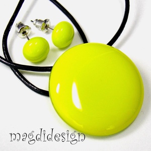 AKCIÓ!!  Élénk neonzöld, kerek üvegékszer szett, nyaklánc, fülbevaló - ékszer - ékszerszett - Meska.hu