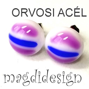 Fehér-kék-lila csíkos üvegékszer stiftes fülbevaló ORVOSI ACÉL - ékszer - fülbevaló - pötty fülbevaló - Meska.hu