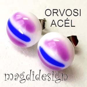 Fehér-kék-lila csíkos üvegékszer stiftes fülbevaló ORVOSI ACÉL - ékszer - fülbevaló - pötty fülbevaló - Meska.hu