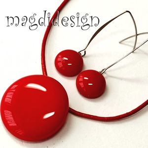 Meggypiros minimál design üvegékszer szett, nyaklánc, lógós fülbevaló - ékszer - ékszerszett - Meska.hu