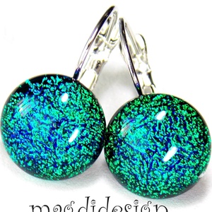 Smaragdzöld-kék dichroic üvegékszer kapcsos fülbevaló  - ékszer - fülbevaló - lógós kerek fülbevaló - Meska.hu