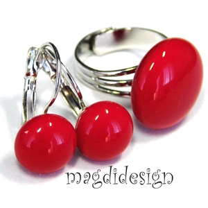 Meggypiros üvegékszer szett, gyűrű, stiftes fülbevaló  - ékszer - ékszerszett - Meska.hu