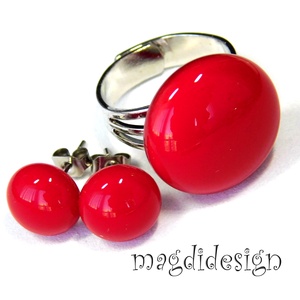Meggypiros üvegékszer szett, gyűrű, stiftes fülbevaló  - Meska.hu