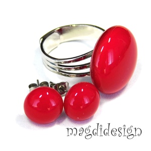 Meggypiros üvegékszer szett, gyűrű, stiftes fülbevaló  - ékszer - ékszerszett - Meska.hu