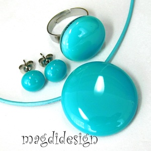 Türkiz üvegékszer szett, nyaklánc, gyűrű, pötty fülbevaló , Ékszer, Ékszerszett, Ékszerkészítés, Üvegművészet, MESKA