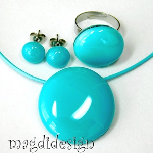 Türkiz üvegékszer szett, nyaklánc, gyűrű, pötty fülbevaló  - ékszer - ékszerszett - Meska.hu