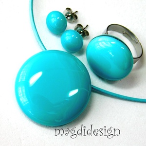 Türkiz üvegékszer szett, nyaklánc, gyűrű, pötty fülbevaló  - ékszer - ékszerszett - Meska.hu