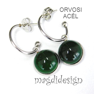 Smaragdzöld üvegékszer stiftes lógós nemesacél fülbevaló - ékszer - fülbevaló - lógó fülbevaló - Meska.hu