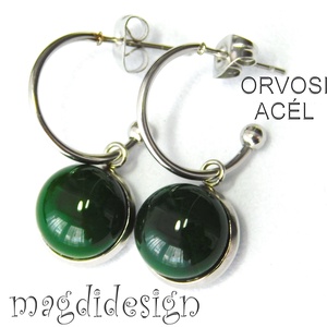 Smaragdzöld üvegékszer stiftes lógós nemesacél fülbevaló, Ékszer, Fülbevaló, Lógó fülbevaló, Ékszerkészítés, Üvegművészet, MESKA