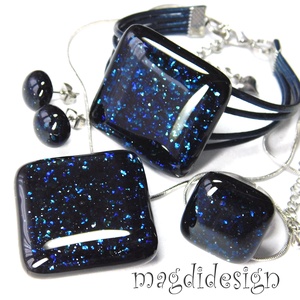 EREDETI Kék aventurin csillogás üvegékszer szett, rombusz nyaklánc, karkötő, gyűrű, stiftes fülbevaló - Meska.hu
