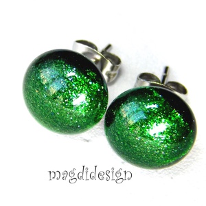 NEMESACÉL! Zöld aventurin csillám üvegékszer stiftes fülbevaló  - ékszer - fülbevaló - lógó fülbevaló - Meska.hu