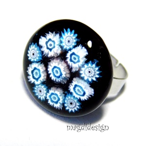ORVOSI ACÉL! Kék-fehér virágok millefioris üvegékszer gyűrű, Ékszer, Gyűrű, Statement gyűrű, Ékszerkészítés, Üvegművészet, MESKA