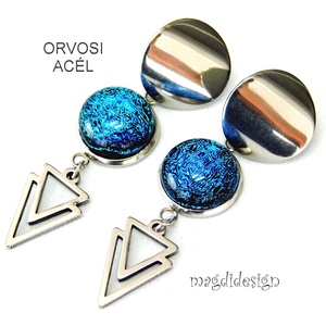 Kék dichroic üvegékszer stiftes lógós nemesacél fülbevaló - Meska.hu