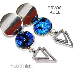 Kék-fekete dichroic üvegékszer stiftes lógós nemesacél fülbevaló - ékszer - fülbevaló - lógó fülbevaló - Meska.hu