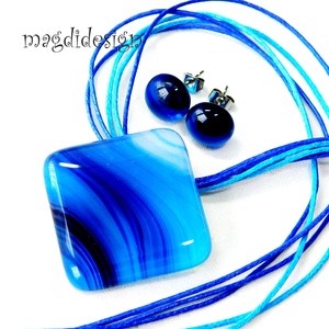 Pávatoll üvegékszer szett, nyaklánc, stiftes fülbevaló - ékszer - ékszerszett - Meska.hu