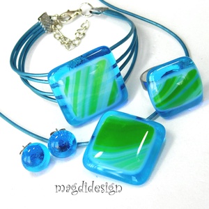 Kék és zöld üvegékszer szett nyaklánc, a karkötő, a gyűrű,  pötty fülbevaló  - Meska.hu