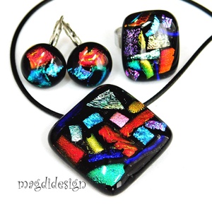 Kék-arany dichroic üvegékszer szett nyaklánc, gyűrű, kapcsos fülbevaló  - ékszer - ékszerszett - Meska.hu