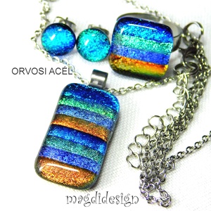 Csillogó, csíkos, dichroic üvegékszer szett nyaklánc gyűrű, stiftes fülbevaló , Ékszer, Ékszerszett, Üvegművészet, Ékszerkészítés, Meska