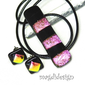 AKCIÓS! Fekete rózsaszín csíkos, dichroic üvegékszer szett nyaklánc stiftes fülbevaló , Ékszer, Ékszerszett, Üvegművészet, Ékszerkészítés, MESKA