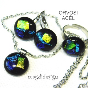 Kék-arany dichroic üvegékszer szett nyaklánc, gyűrű, kapcsos fülbevaló  - ékszer - ékszerszett - Meska.hu