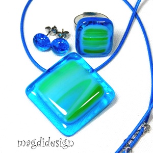 Kék és zöld üvegékszer szett nyaklánc, gyűrű,  pötty fülbevaló - Meska.hu