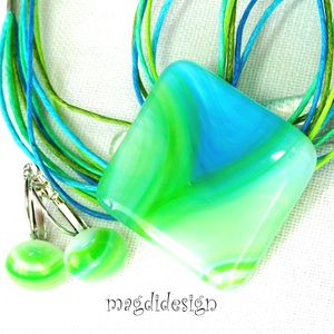 Zöld-kék törésvonal üvegékszer szett, nyaklánc,  kapcsos fülbevaló , Ékszer, Ékszerszett, Ékszerkészítés, Üvegművészet, MESKA
