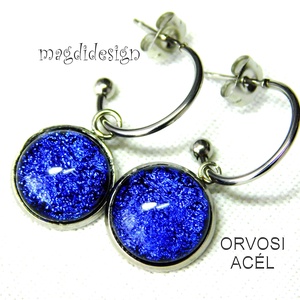 Kék-lila dichroic üvegékszer stiftes lógós nemesacél fülbevaló, Ékszer, Fülbevaló, Lógó fülbevaló, Ékszerkészítés, Üvegművészet, MESKA